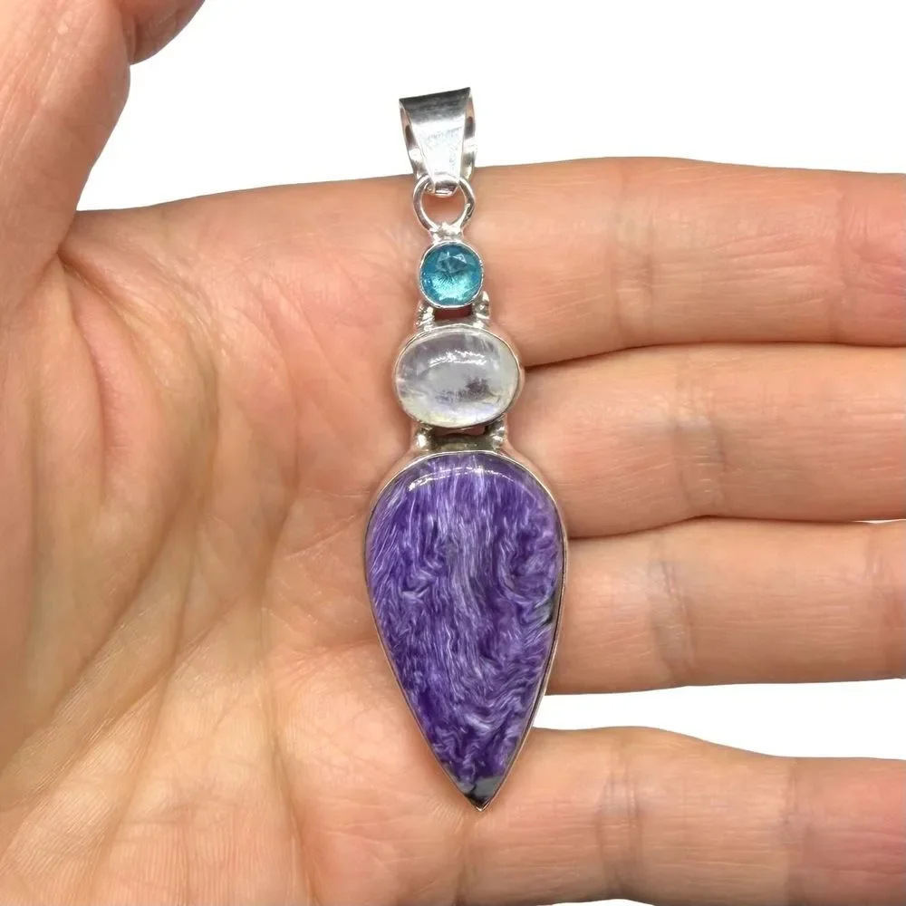 Charoite Rainbow Moonstone Blue Topaz Necklace Pendant Solid 925 Sterling Silver